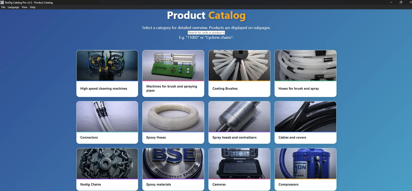 The catalogue application showing product categories, with a search box for finding an item by code or name.