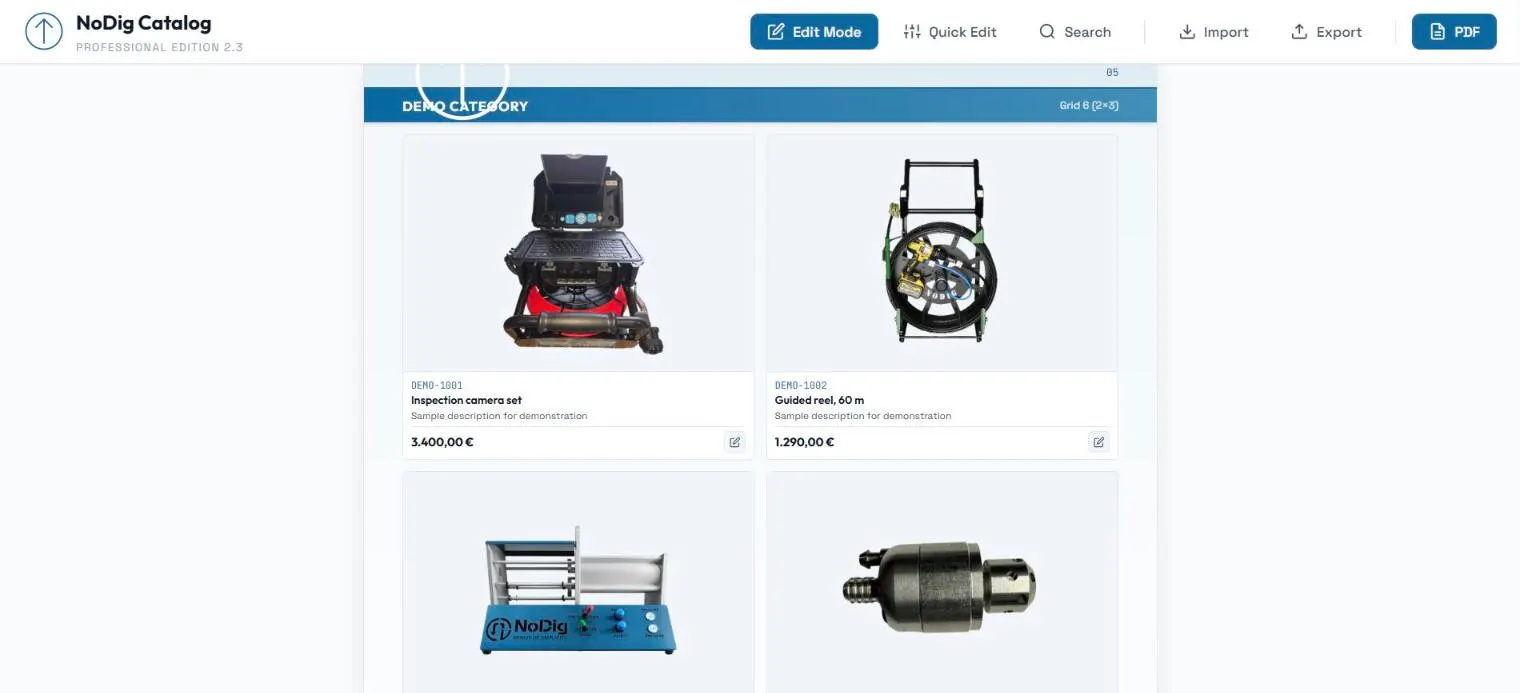 The catalogue production tool in edit mode, with a product page laid out on a six-item grid and export controls above it.