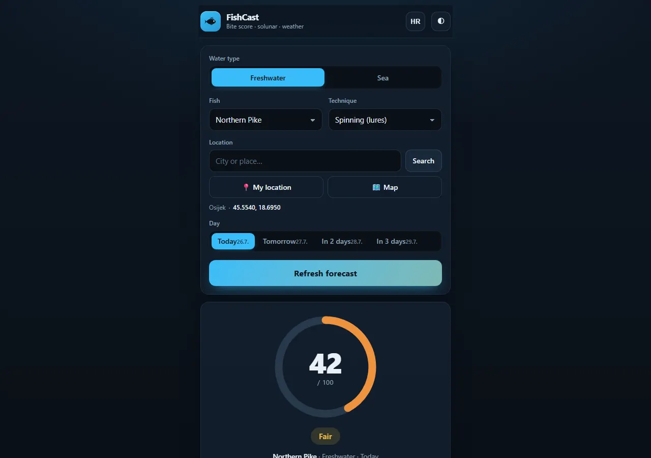 FishCast showing a bite score of 42 out of 100 with the forecast controls above it.
