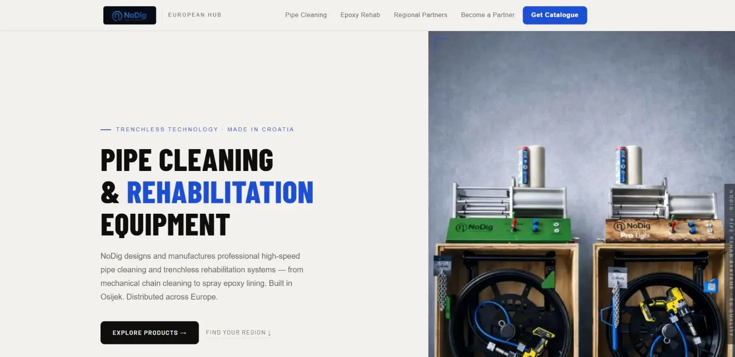 The NoDig European website home page, showing trenchless pipe-cleaning machines.