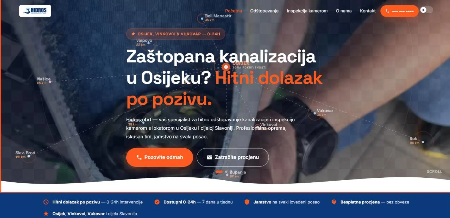 The Hidros home page: a dark hero with a coverage map of Osijek and the surrounding towns.