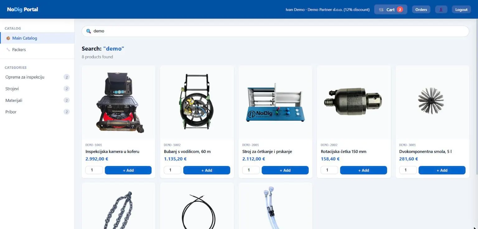The partner ordering portal catalogue view with an order in progress.